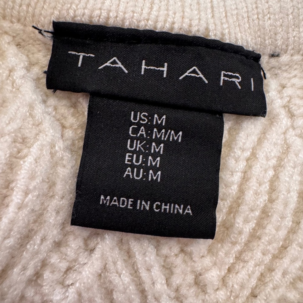 Tahari Cable Knit Cardigan Gold Button Preppy Old Money Quiet Luxury Cream Sz M - Picture 4 of 11